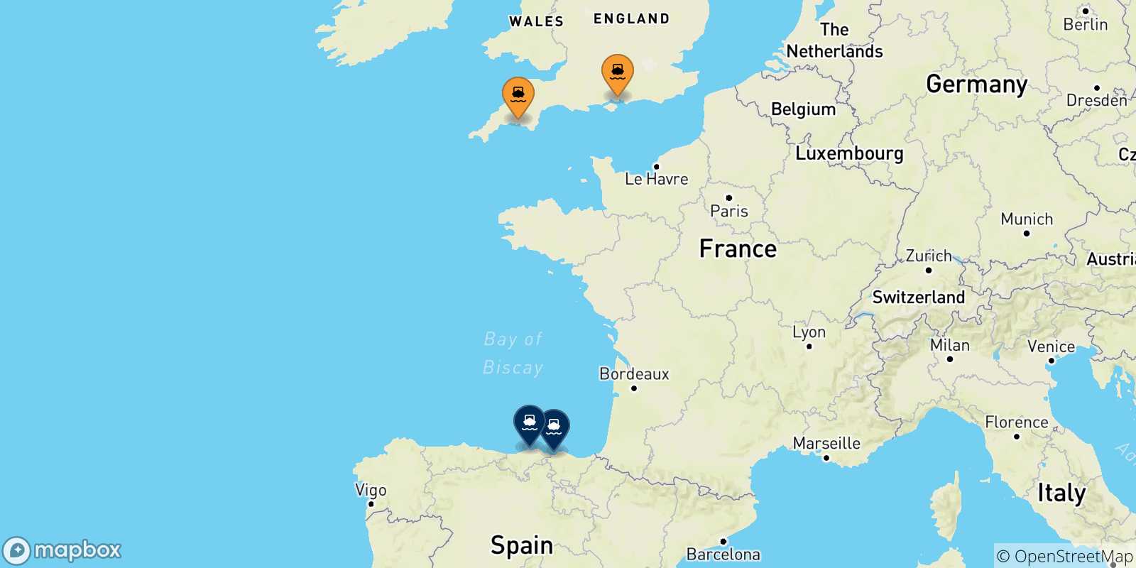 Map of the possible routes between Uk and Spain