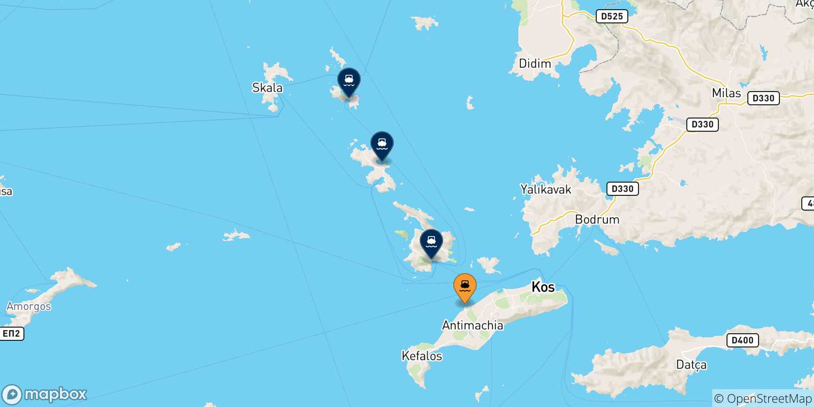 Map of the possible routes between Mastihari (Kos) and Greece