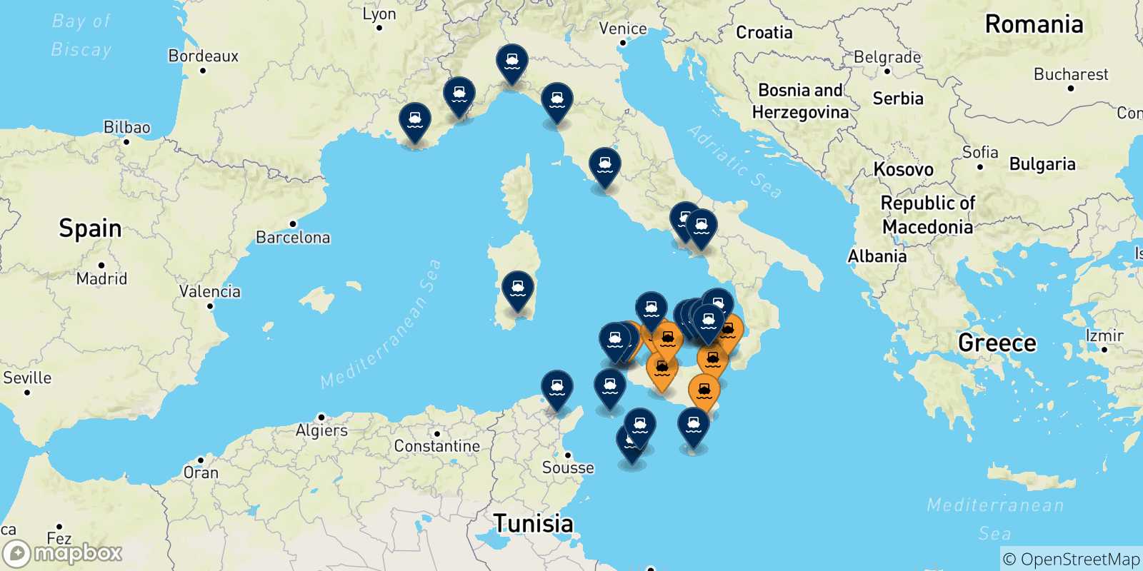 Map of the destinations reachable from Sicily