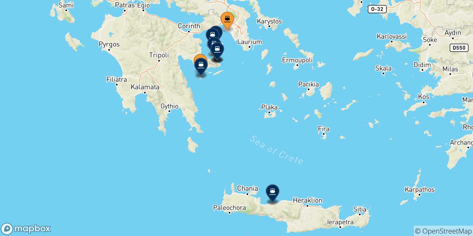 Map of the possible routes between Greece and Saronic Islands