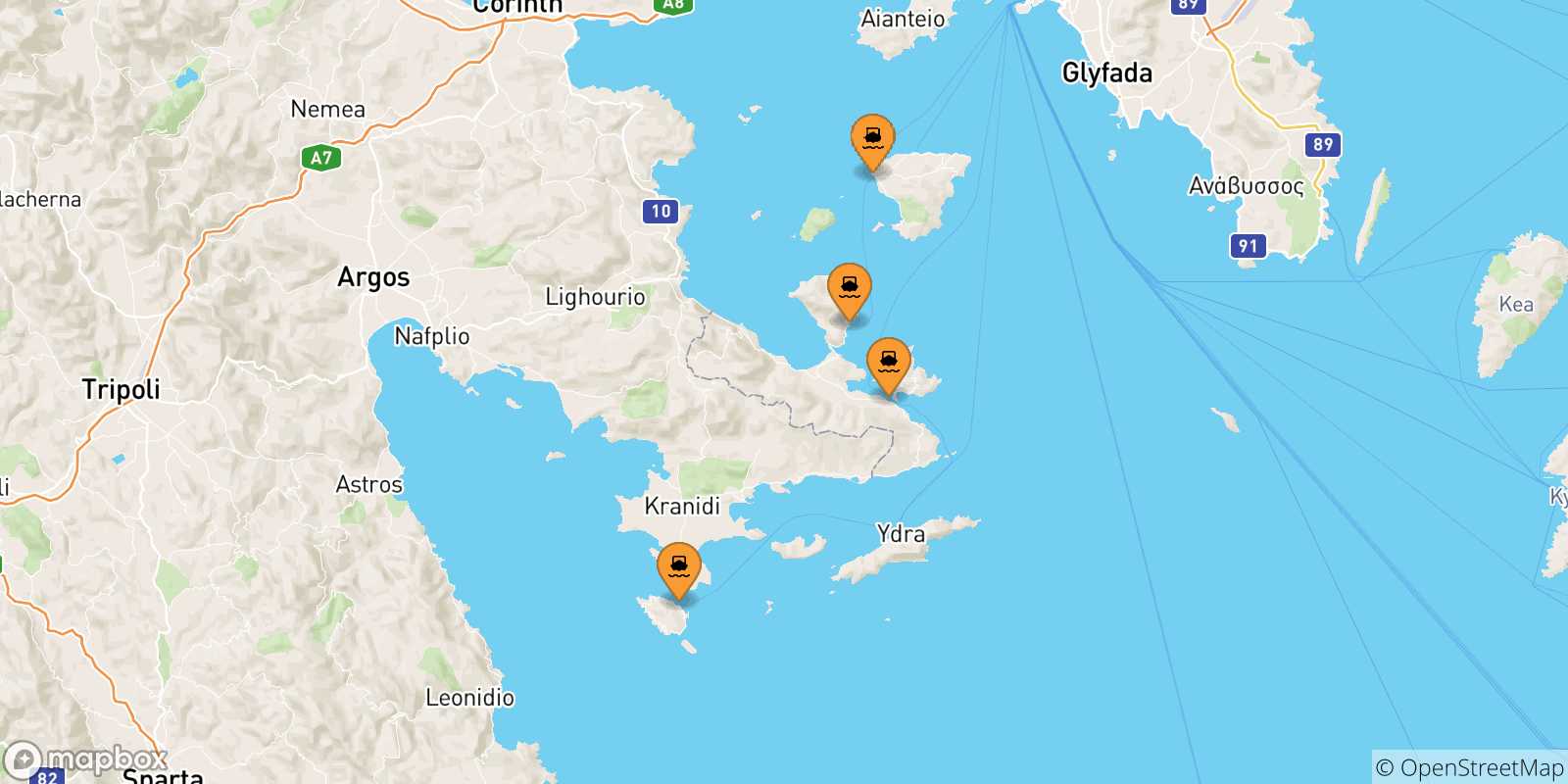 Map of the possible routes between Saronic Islands and Poros