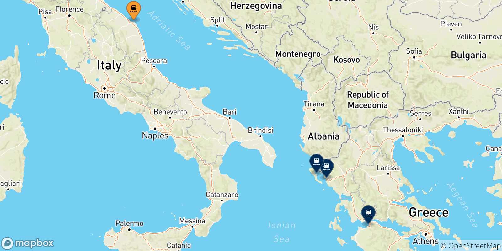 Map of the possible routes between Ancona and Greece