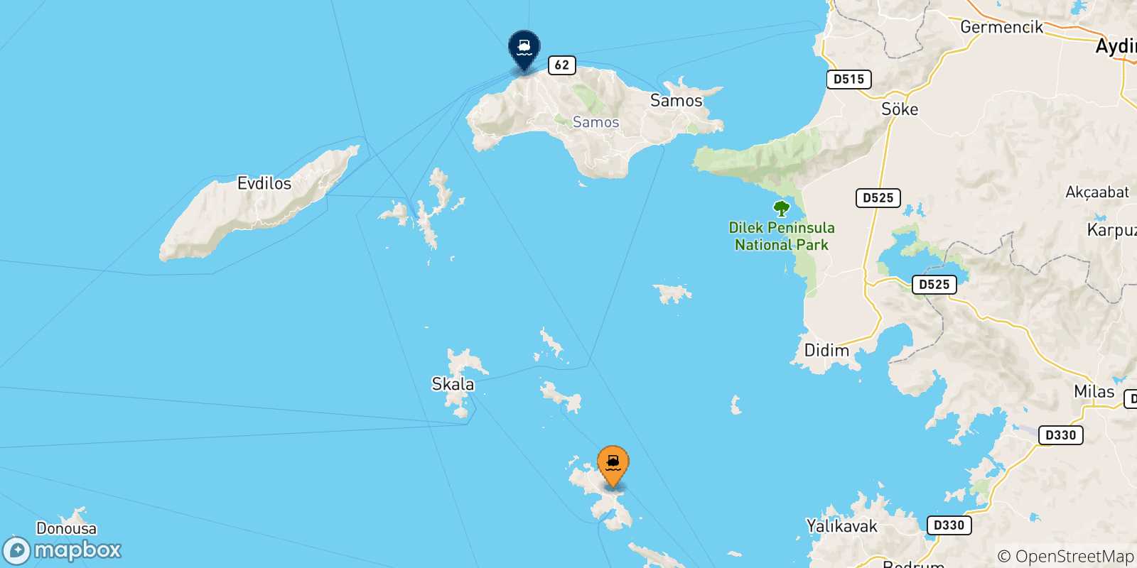 Map of the possible routes between Agia Marina (Leros) and Aegean Islands