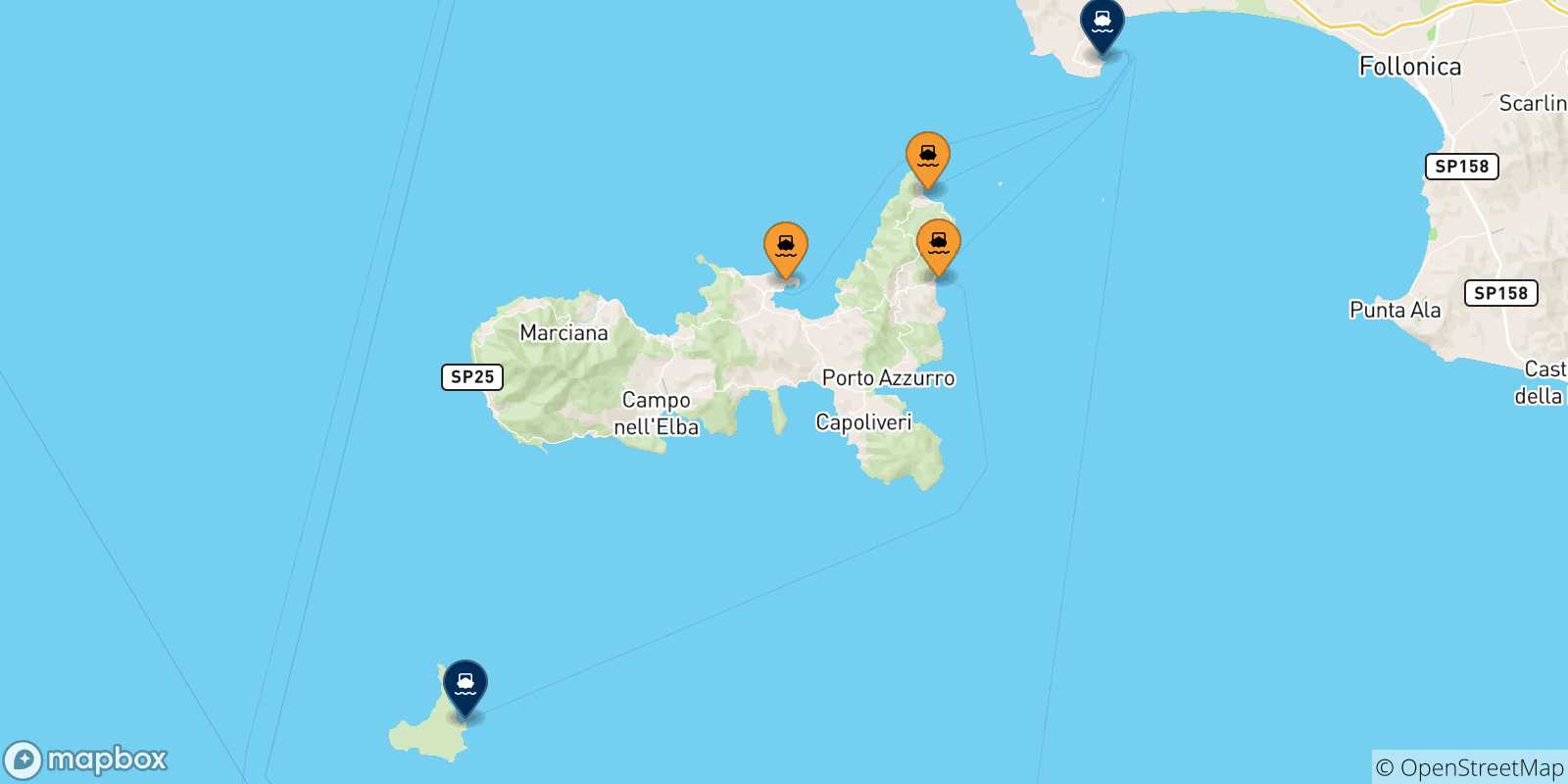 Map of the possible routes between Elba Island and Italy