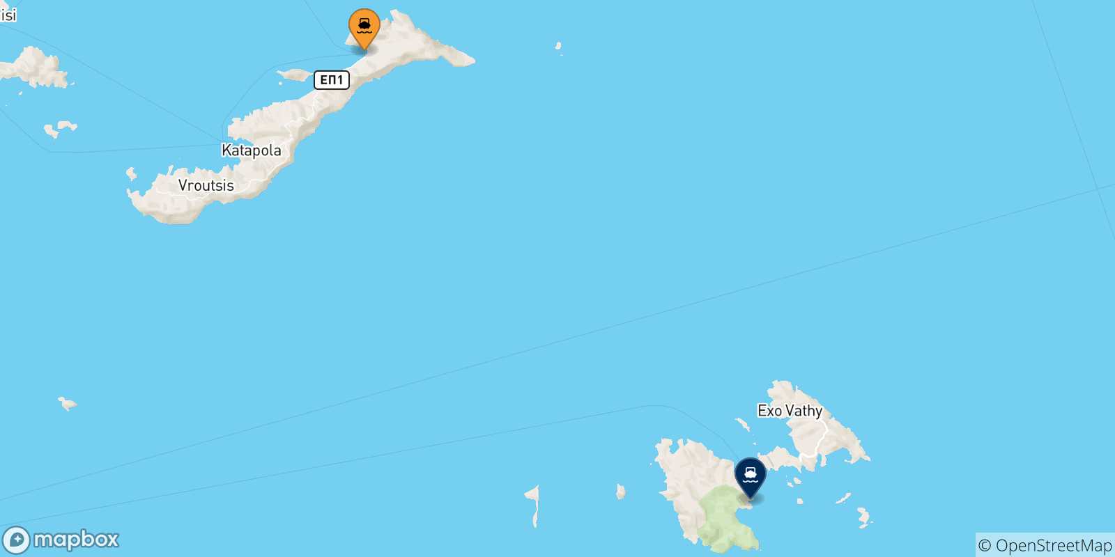 Map of the possible routes between Aegiali (Amorgos) and Dodecanese Islands