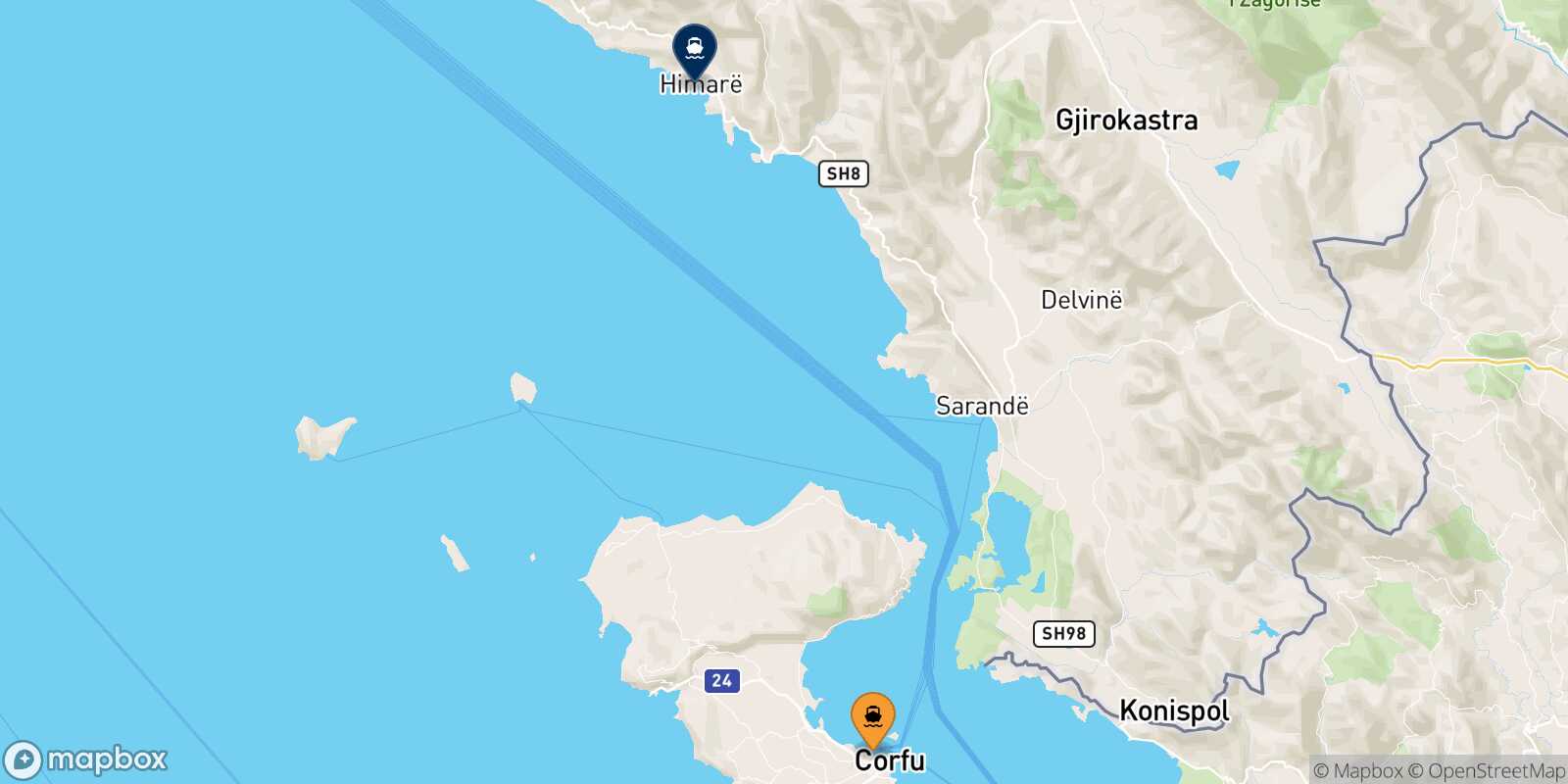 Corfu Himare route map
