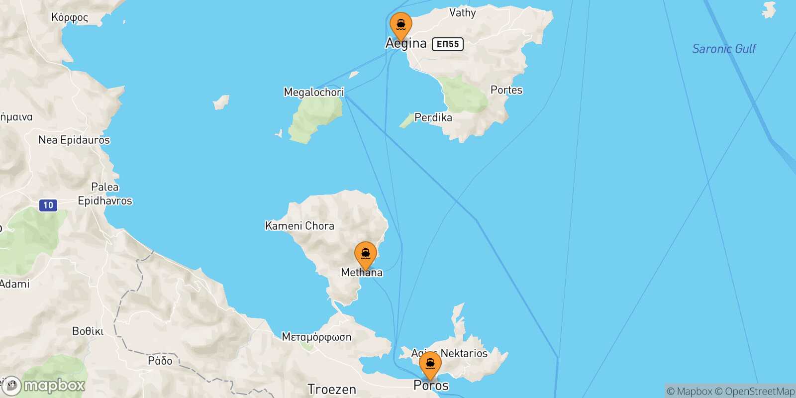 Map of the ports connected with  Myli (Agistri)