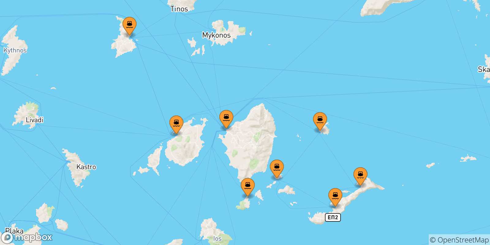 Map of the possible routes between Cyclades Islands and Schinoussa