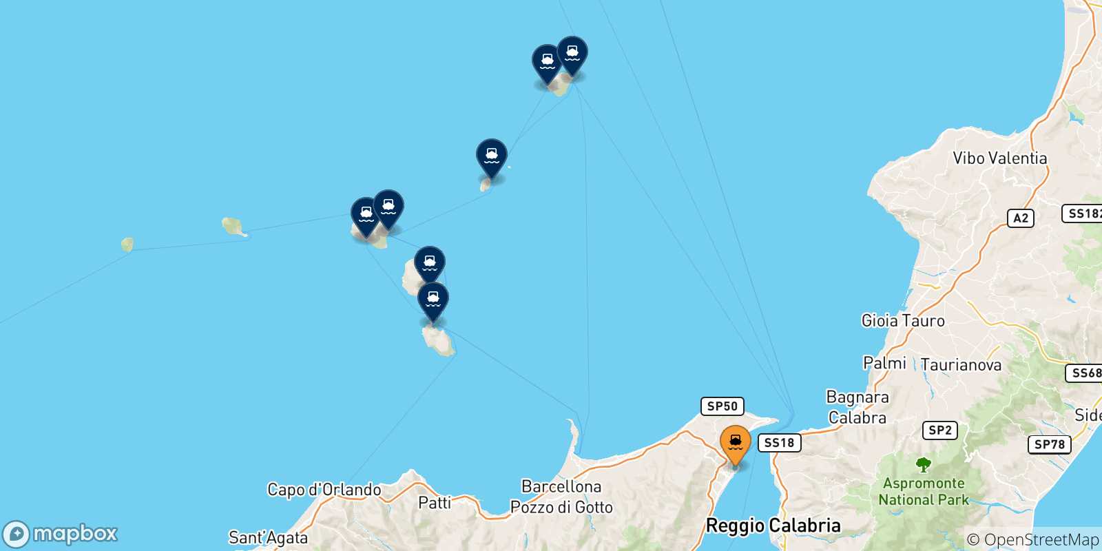Map of the possible routes between Messina and Aeolian Islands