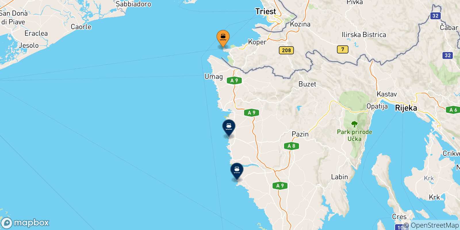 Map of the possible routes between Slovenia and Croatia