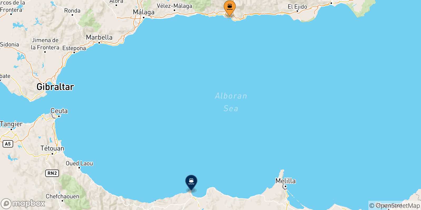 Map of the possible routes between Spain and Al Hoceima