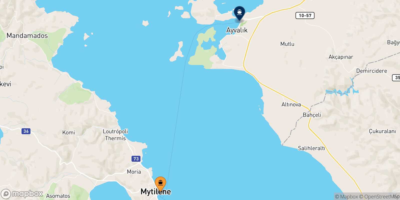 Mytilene (Lesvos) Ayvalik route map