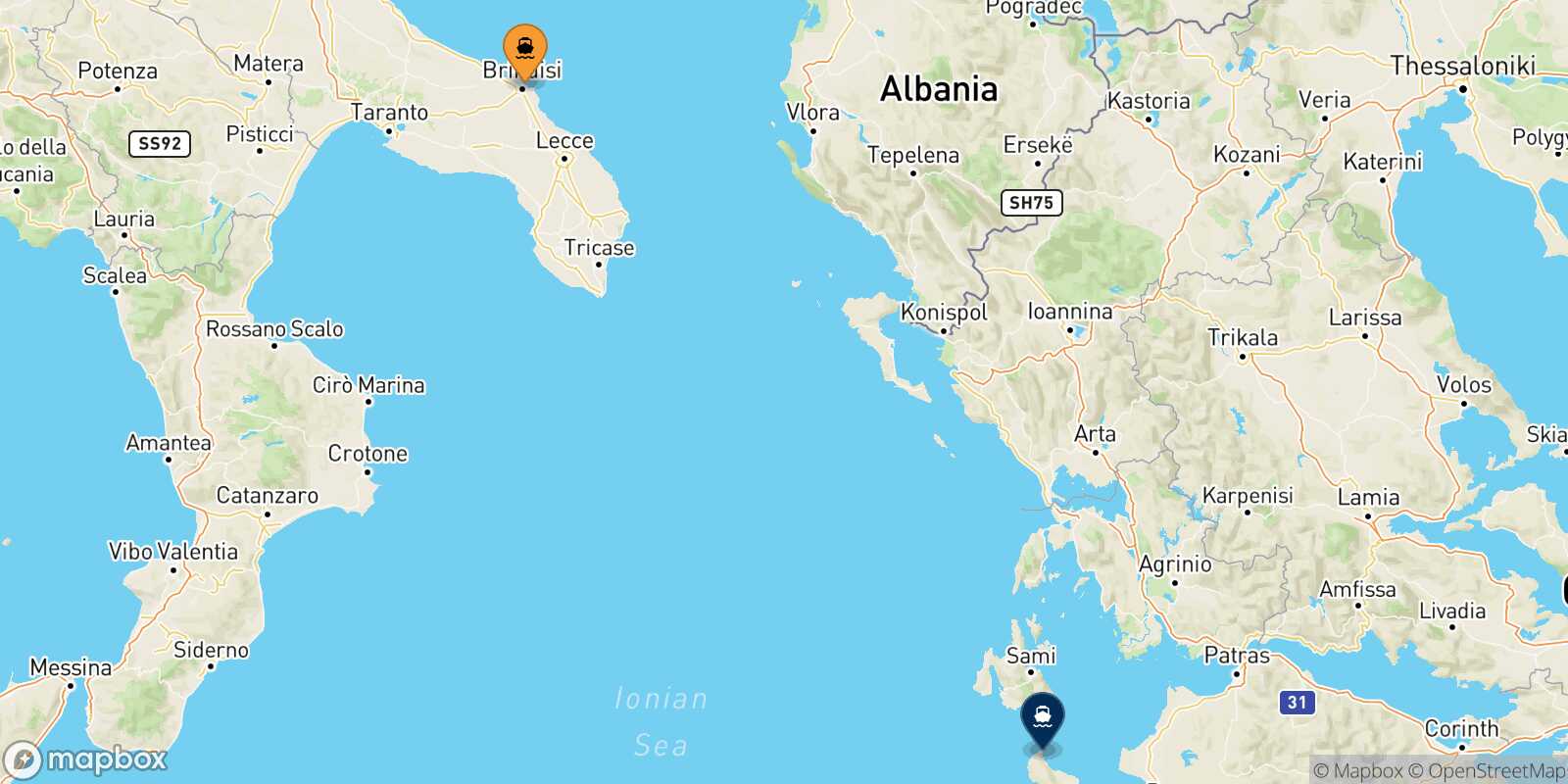 Brindisi Zakynthos route map