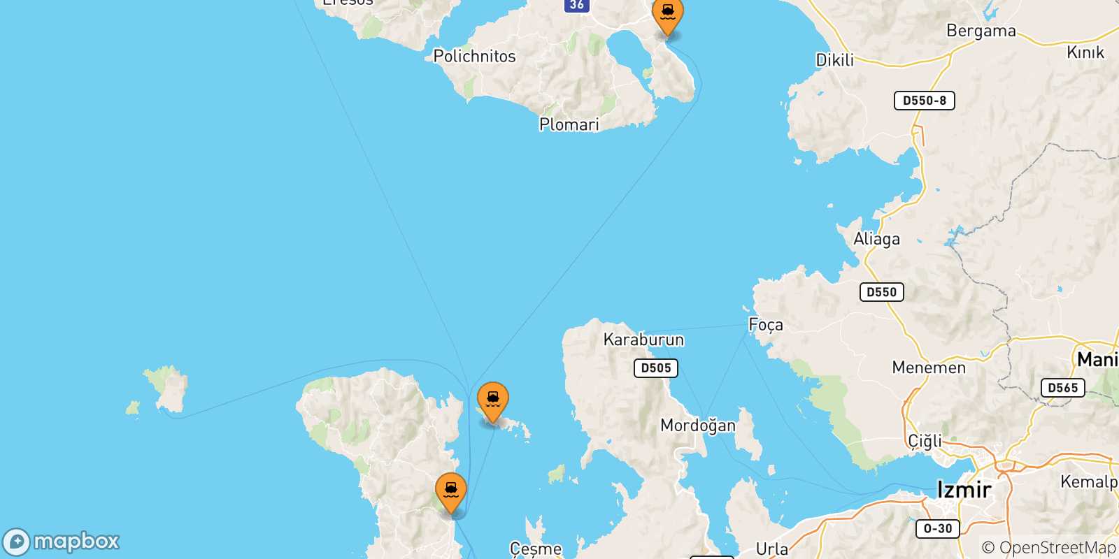 Map of the possible routes between Aegean Islands and Psara