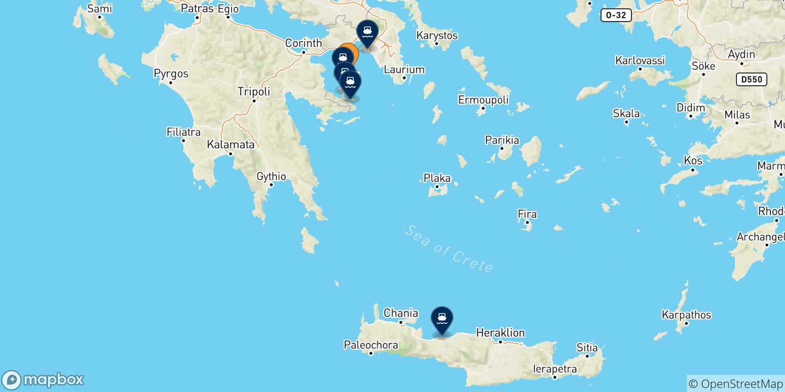 Map of the possible routes between Aegina and Greece