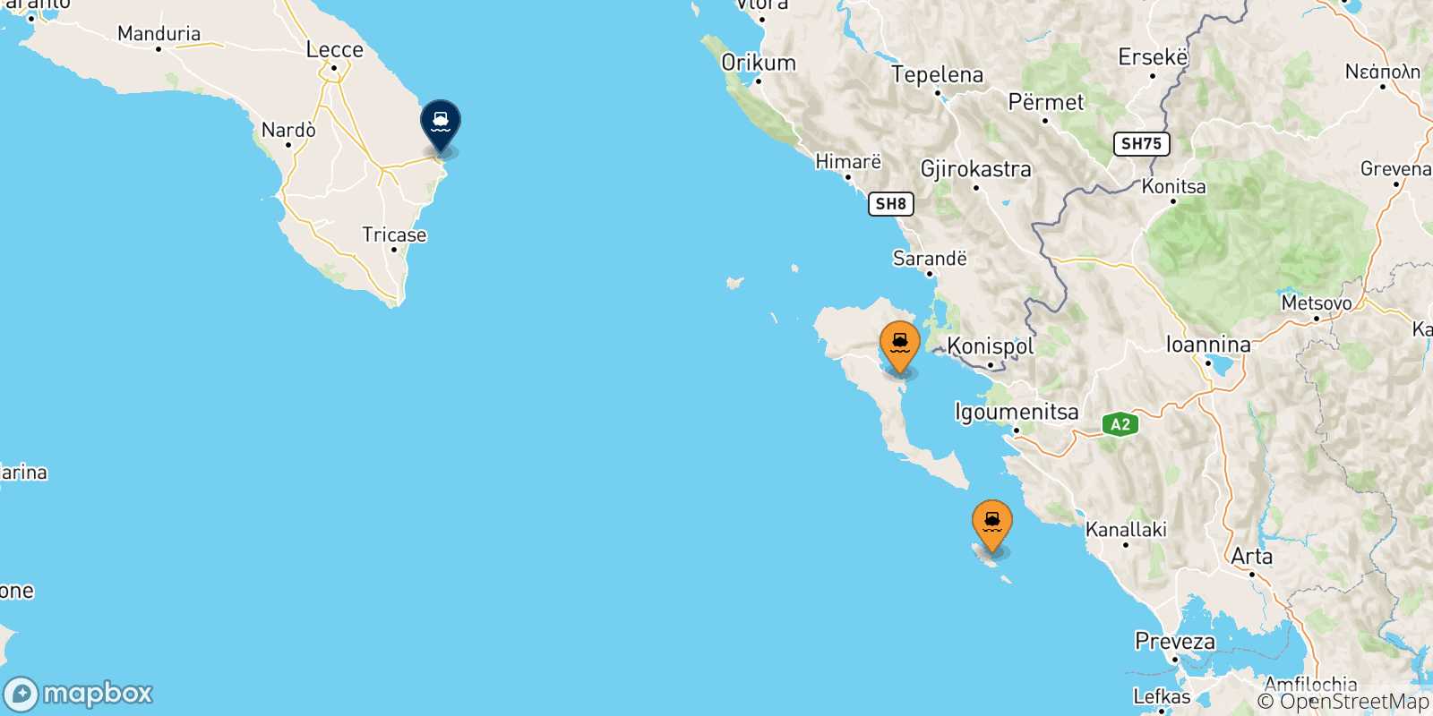 Map of the possible routes between Greece and Otranto