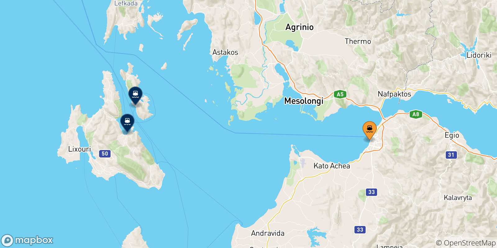 Map of the possible routes between Patras and Ionian Islands