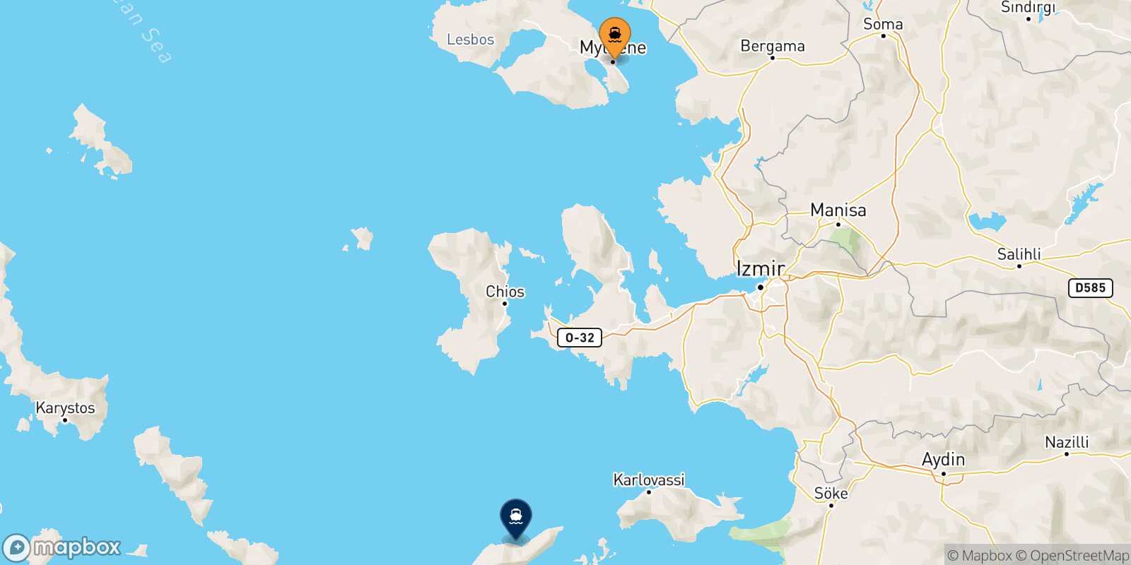 Mytilene (Lesvos) Evdilos (Ikaria) route map