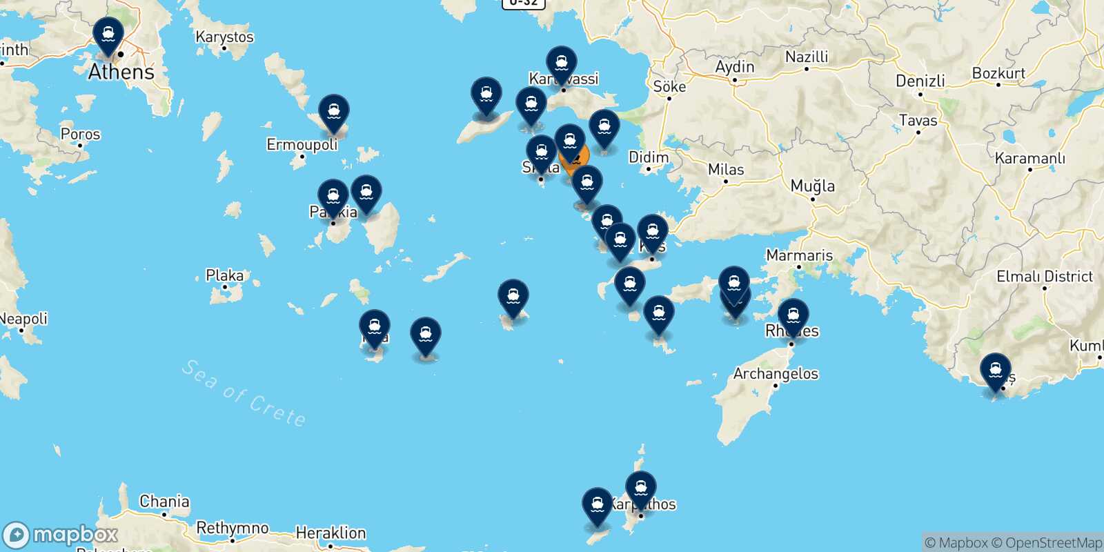 Map of the destinations reachable from Lipsi