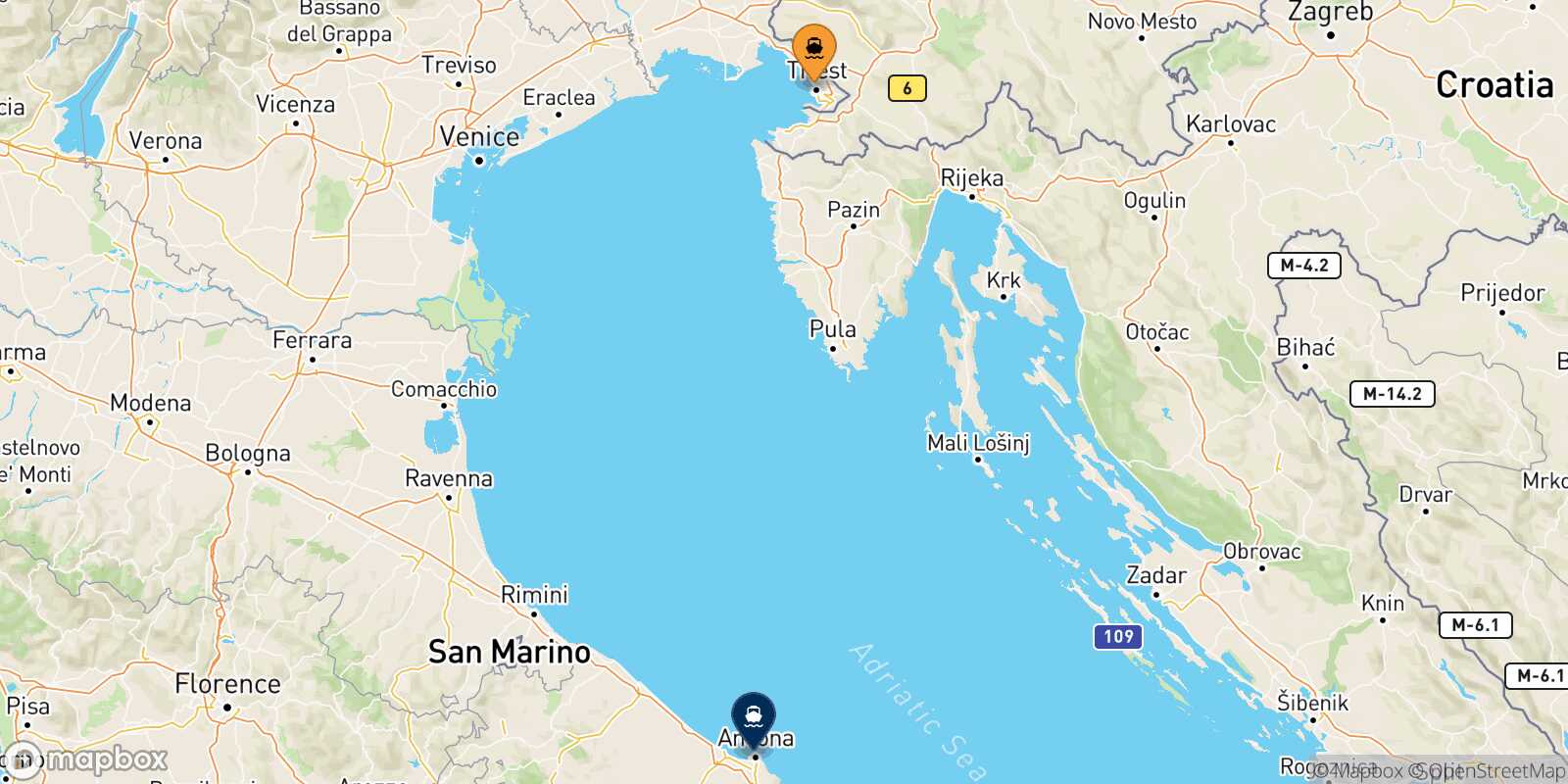 Trieste Ancona route map