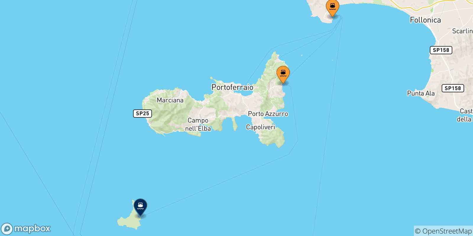 Map of the possible routes between Italy and Pianosa Island