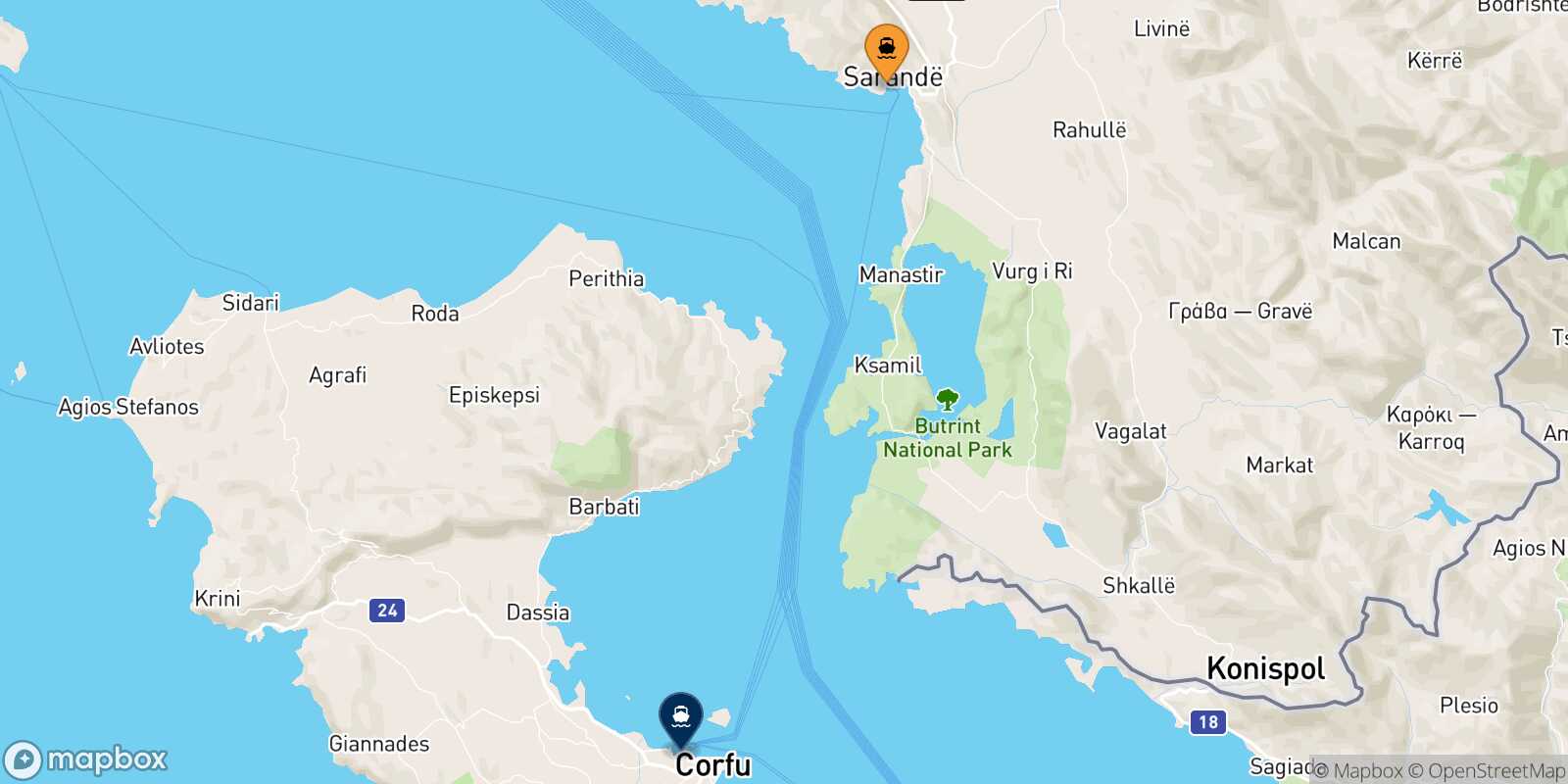 Saranda Corfu route map