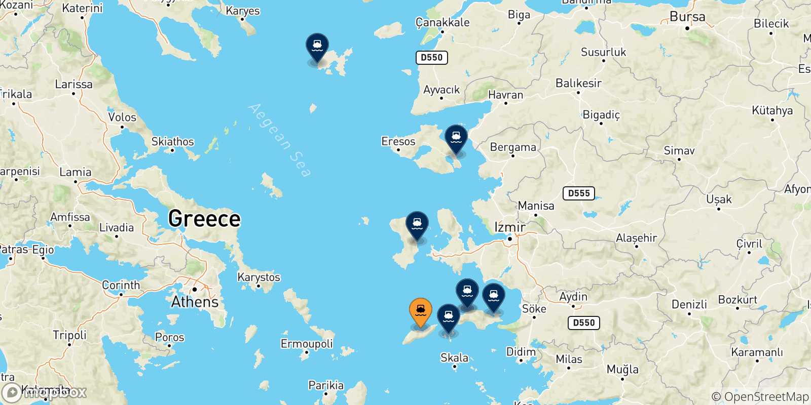 Map of the possible routes between Agios Kirikos (Ikaria) and Aegean Islands