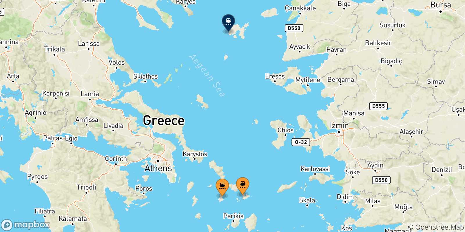 Map of the possible routes between Cyclades Islands and Myrina (Limnos)