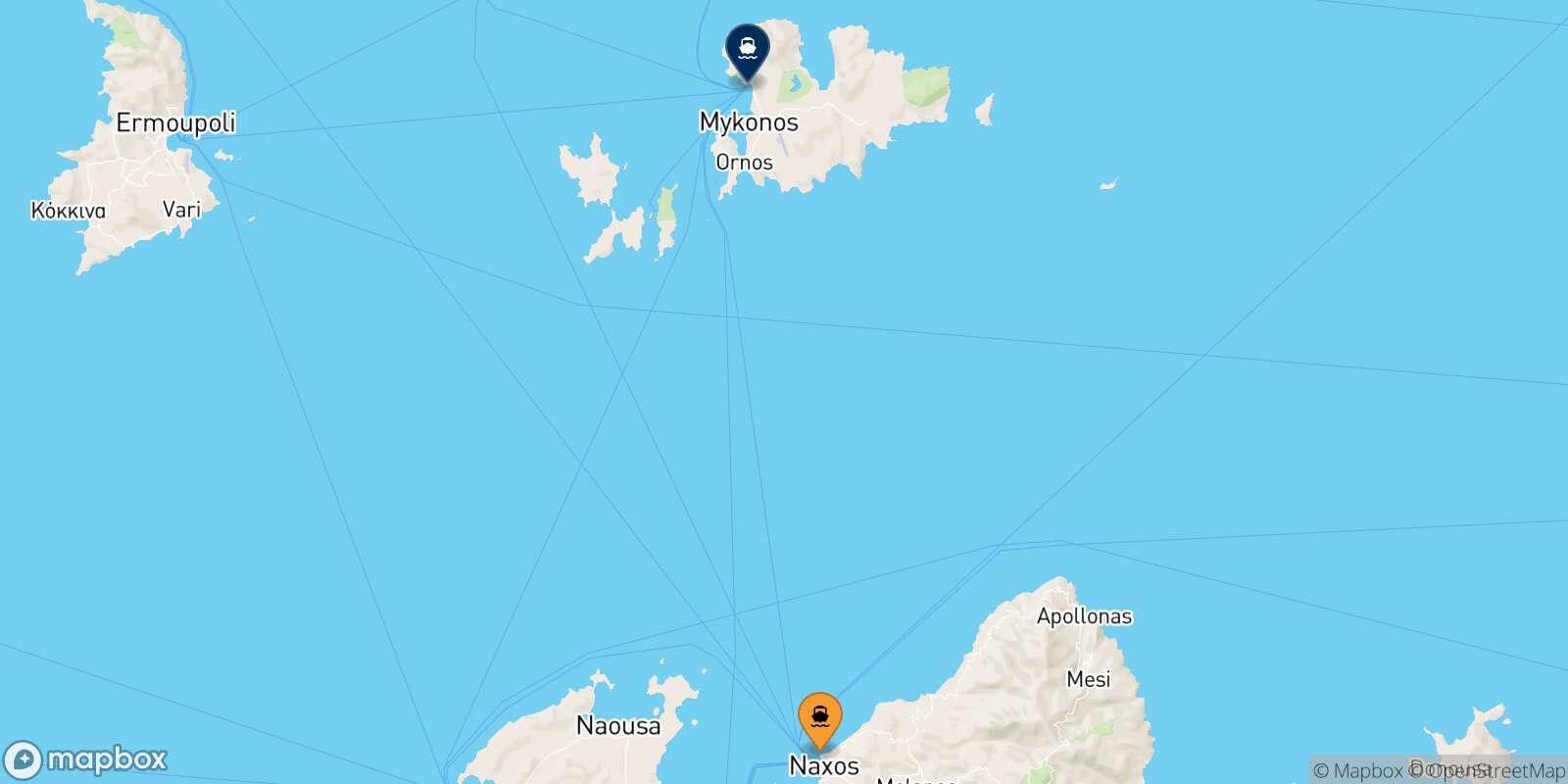 Naxos Mykonos route map