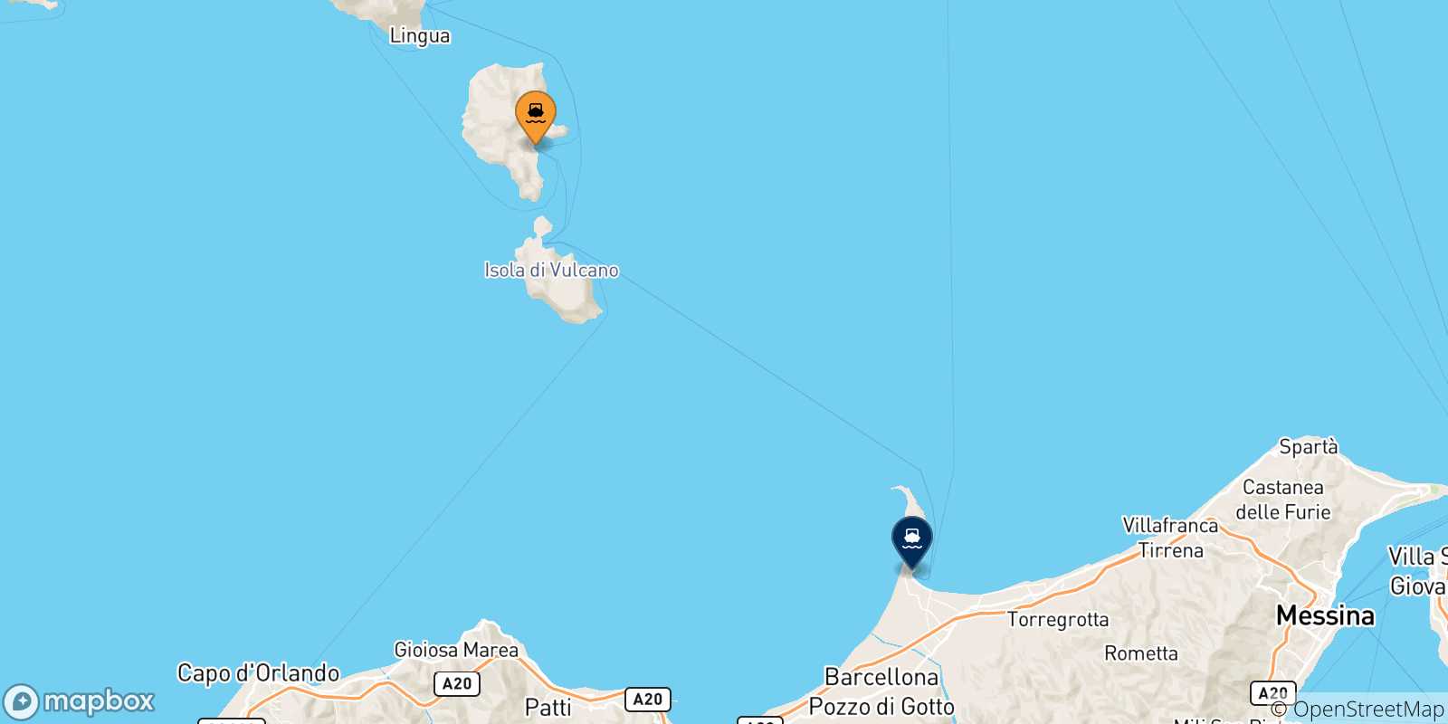 Map of the possible routes between Lipari and Sicily