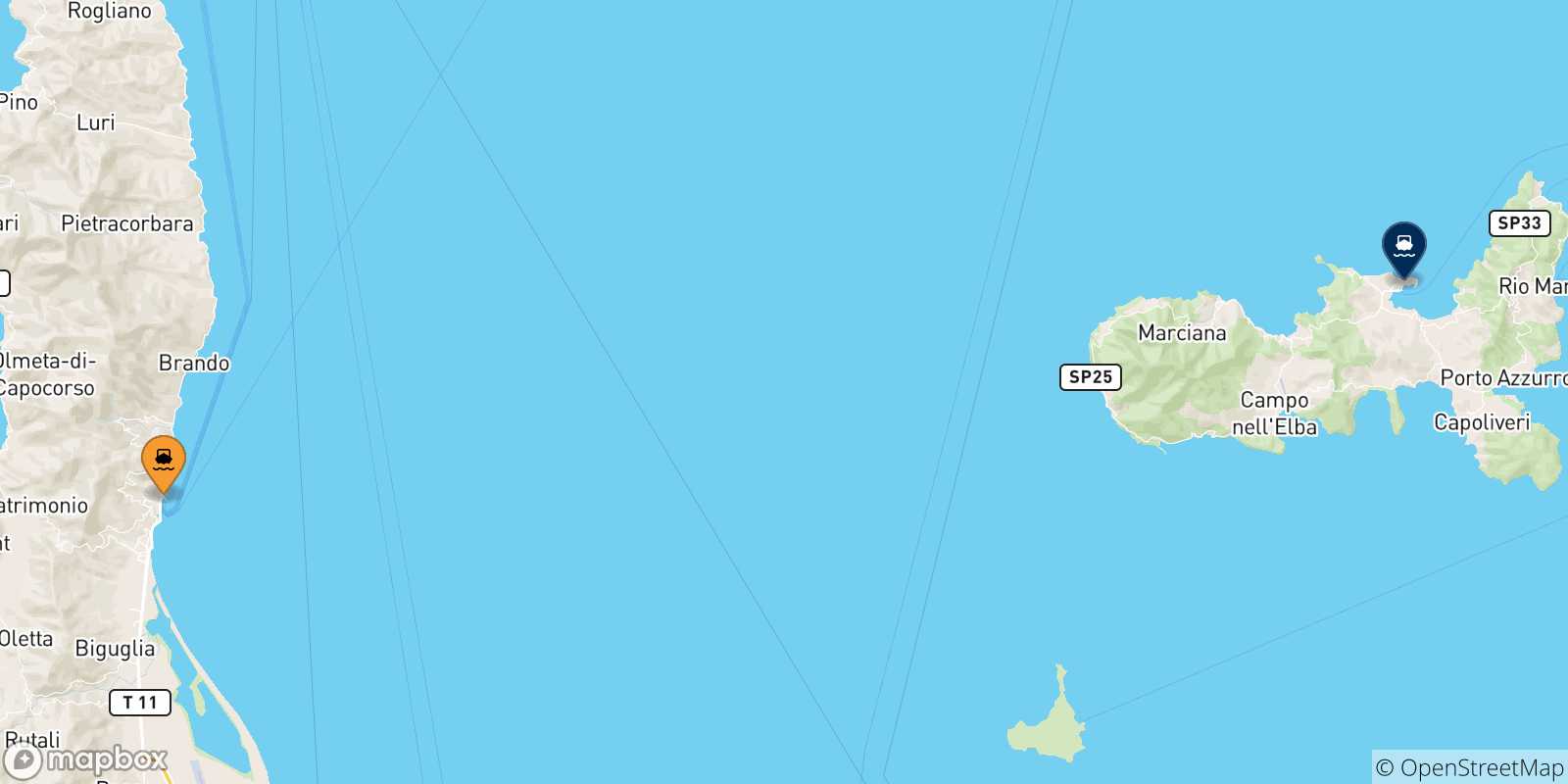 Map of the possible routes between France and Elba Island