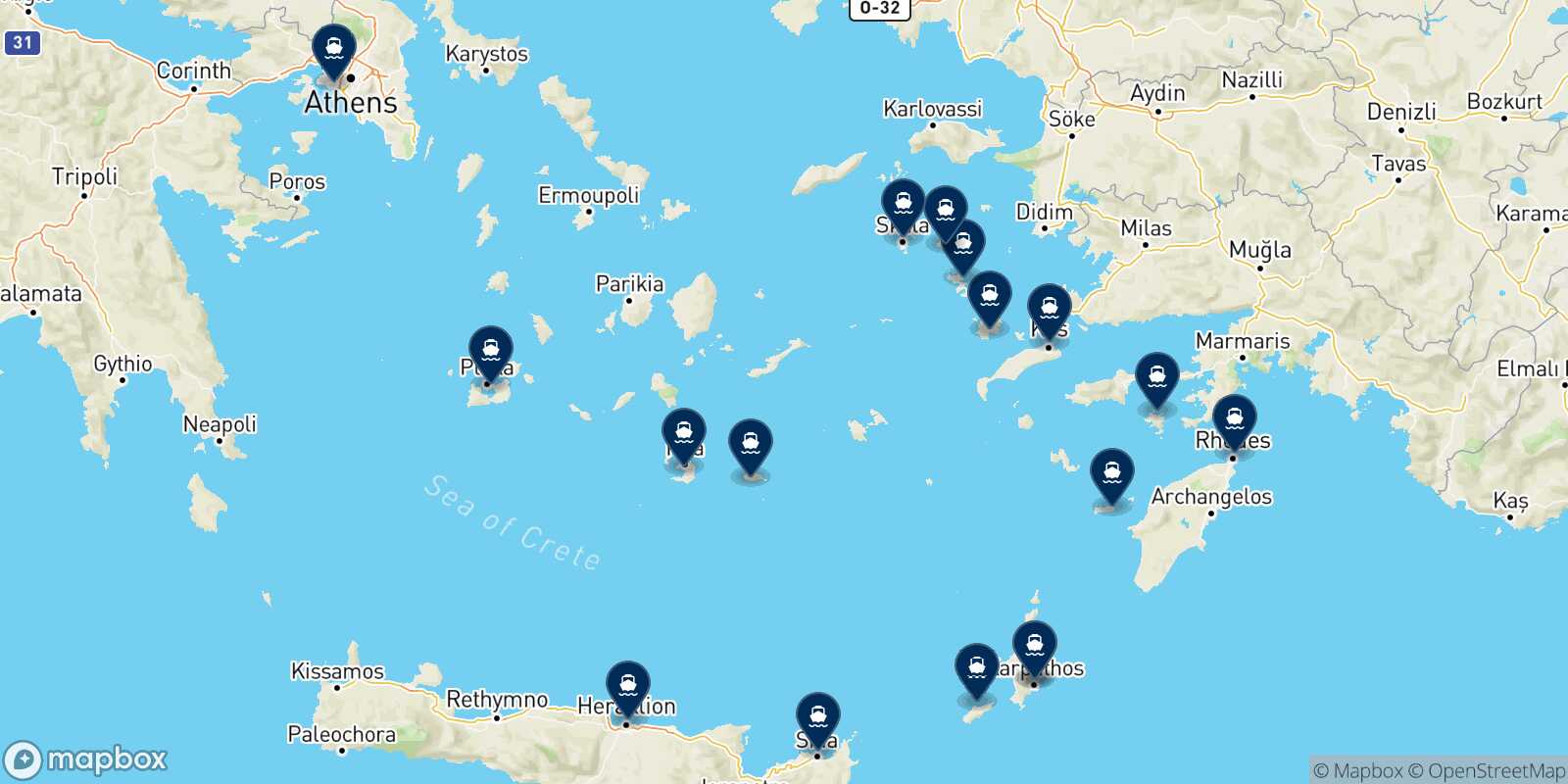Map of the destinations reachable from Karpathos