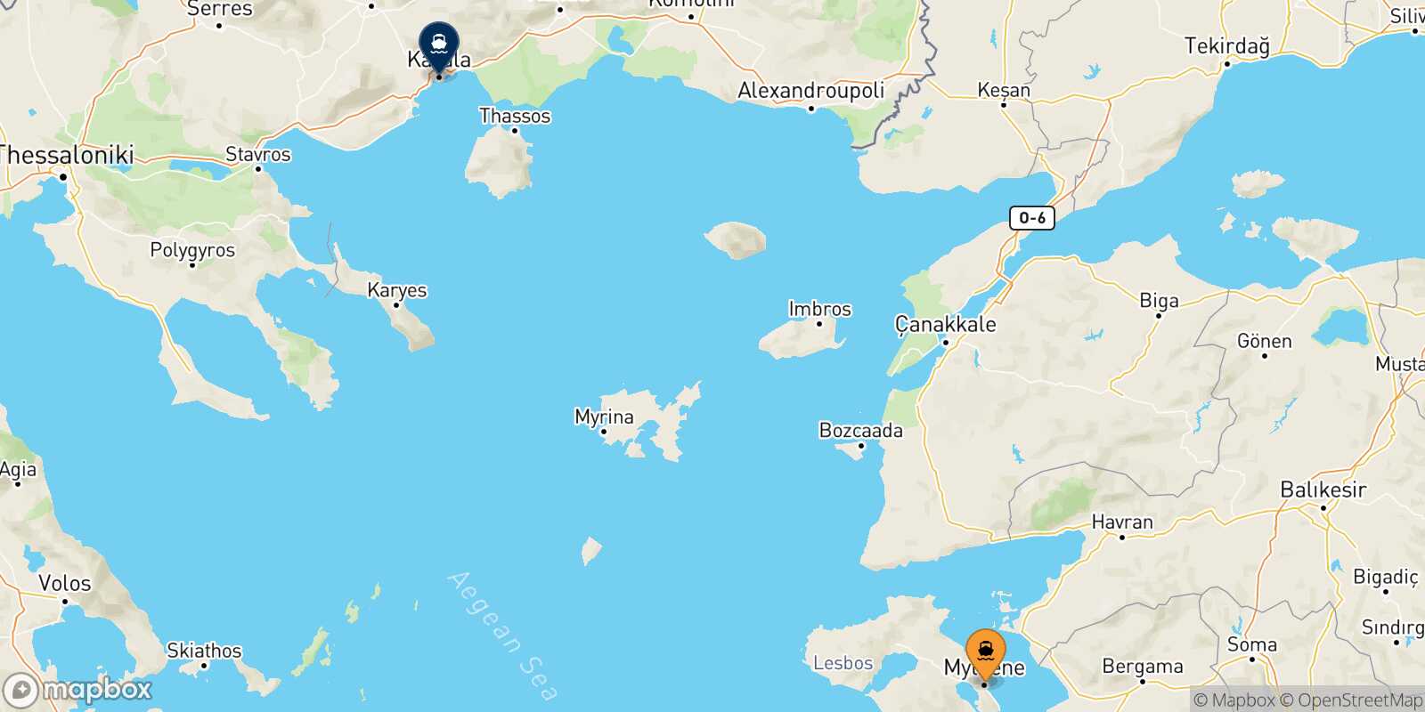 Mytilene (Lesvos) Kavala route map