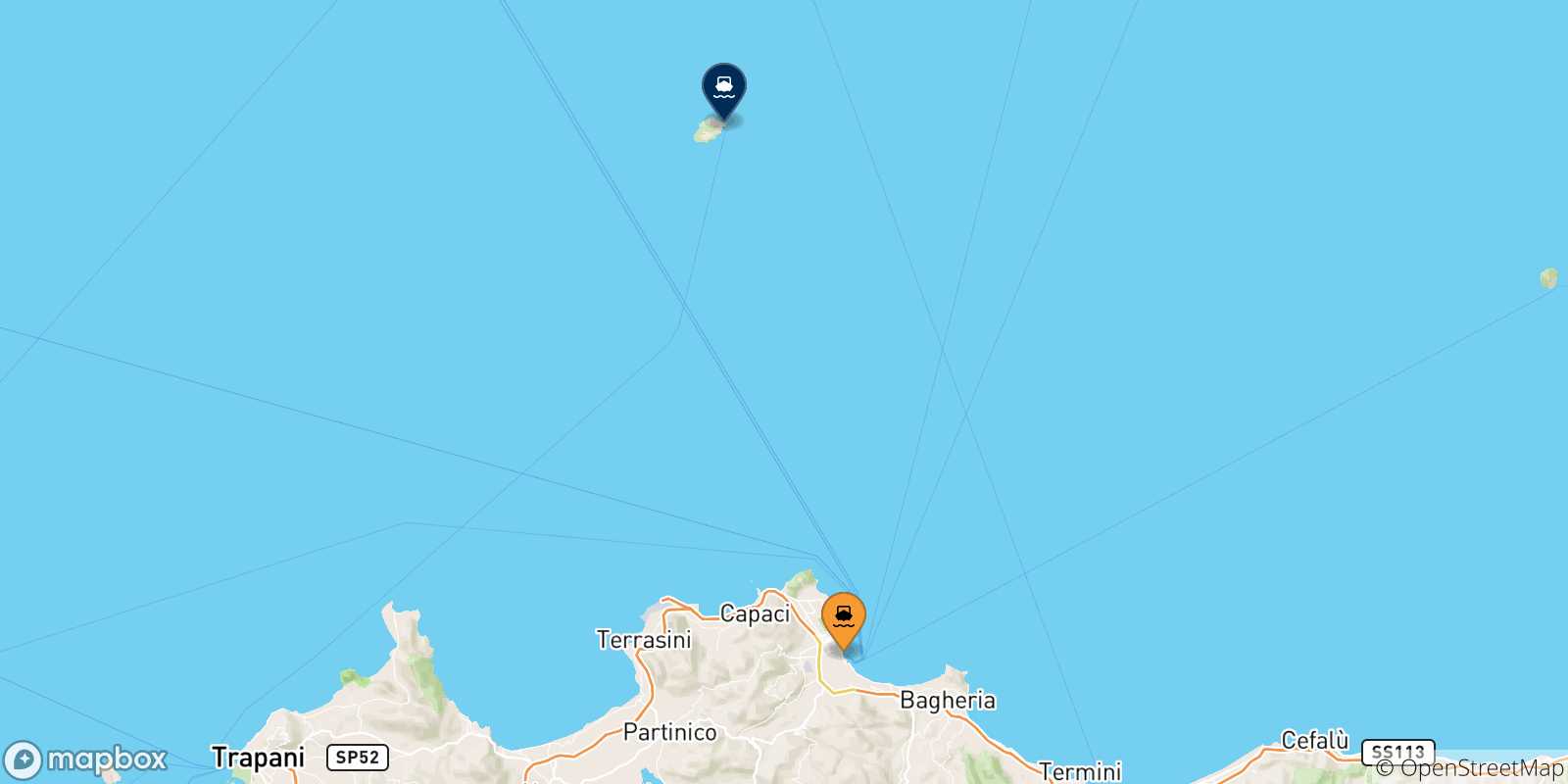 Map of the possible routes between Italy and Ustica Island