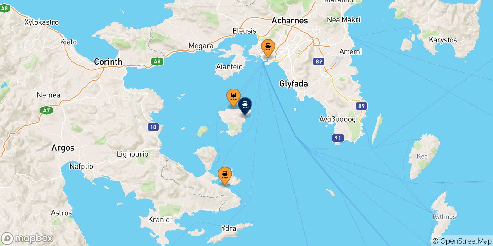 Map of the possible routes between Greece and Agia Marina (Aegina)