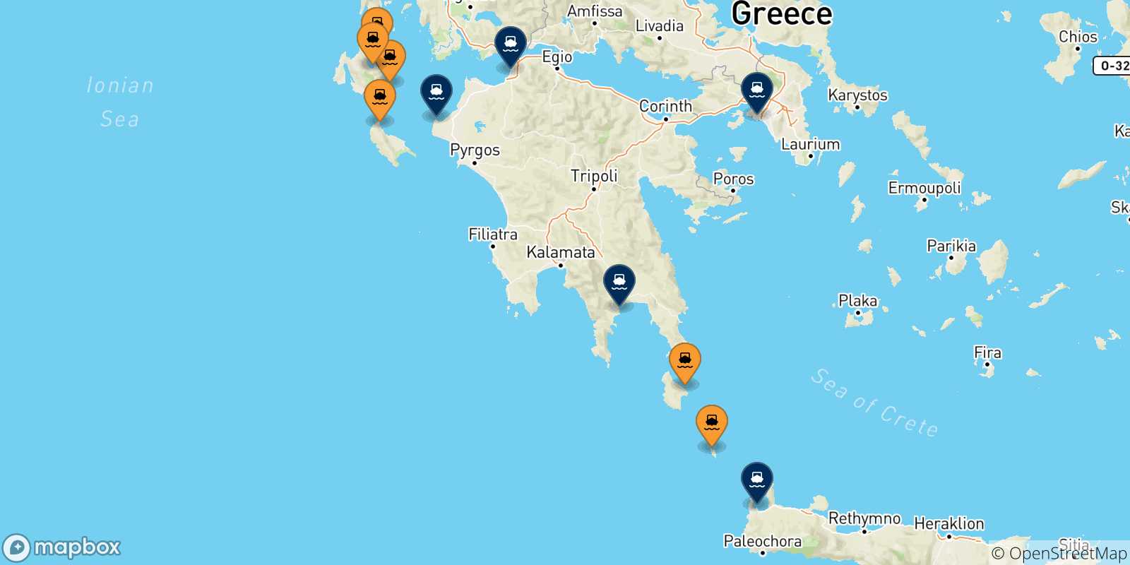 Map of the possible routes between Ionian Islands and Greece