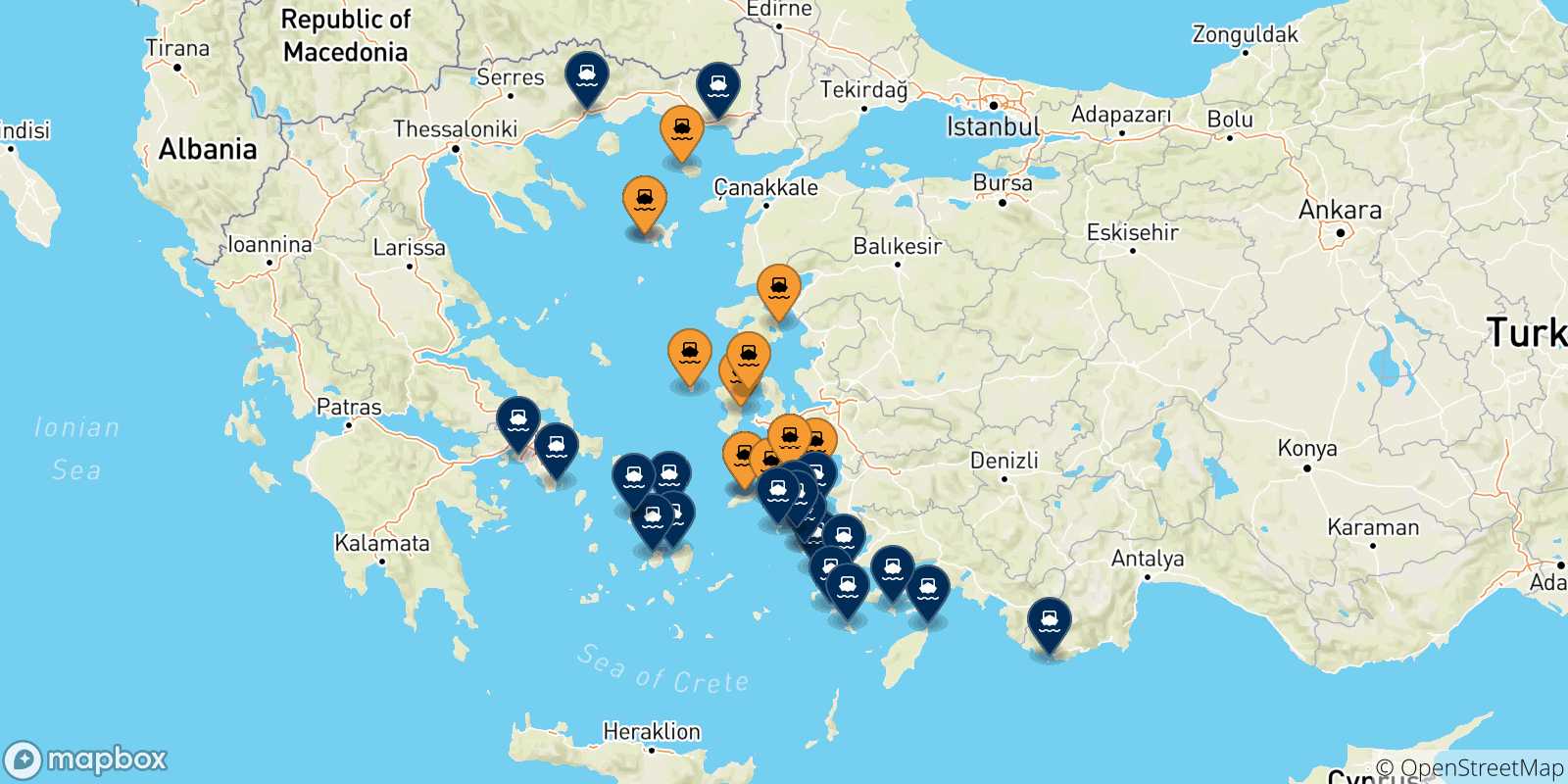 Map of the possible routes between Aegean Islands and Greece
