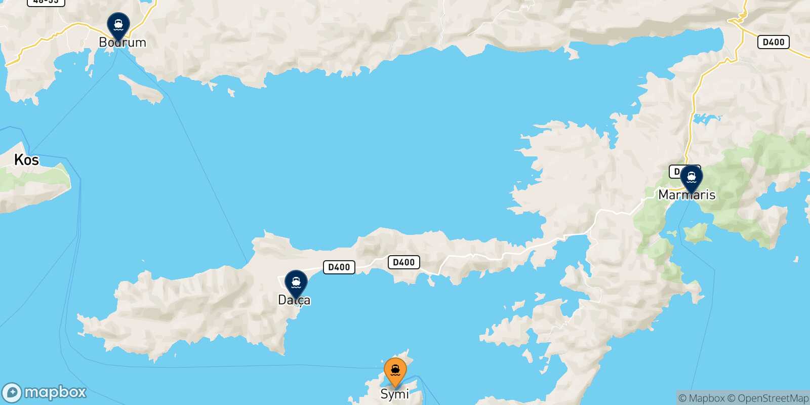Map of the destinations reachable from Symi