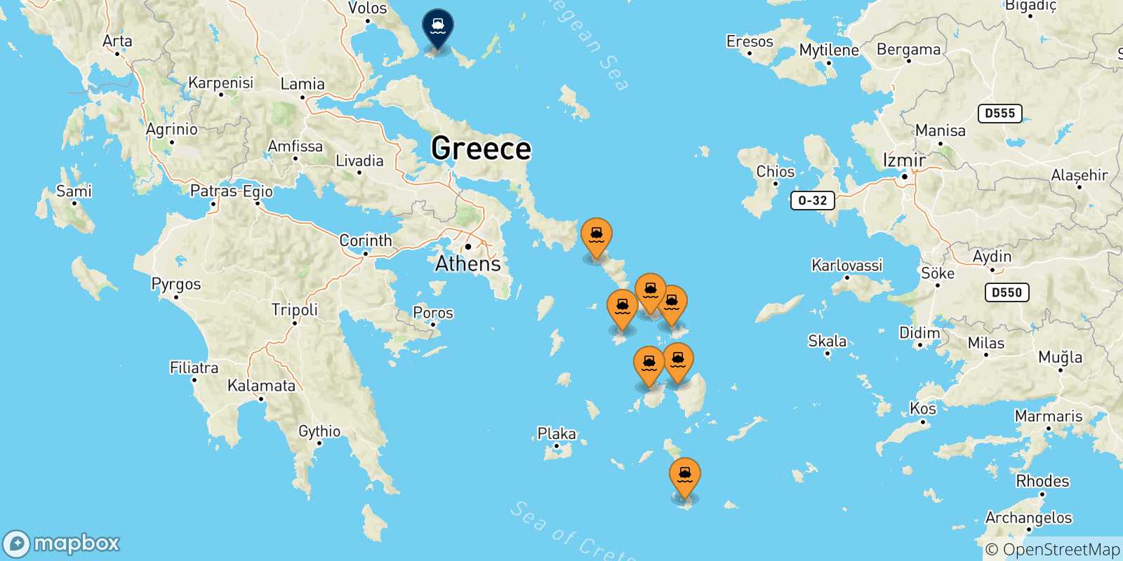 Map of the possible routes between Cyclades Islands and Sporades Islands