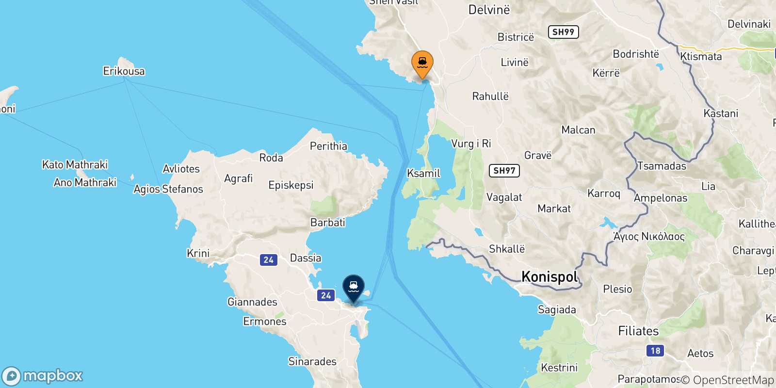 Map of the possible routes between Albania and Greece