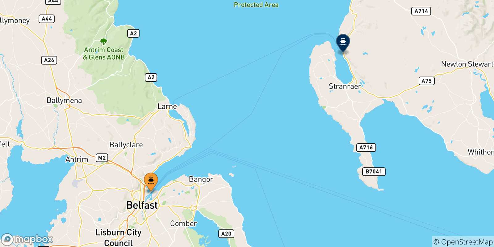 Map of the possible routes between Uk and Cairnryan