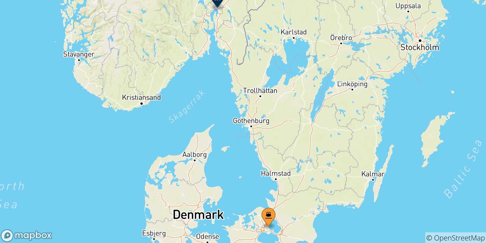 Map of the possible routes between Denmark and Norway