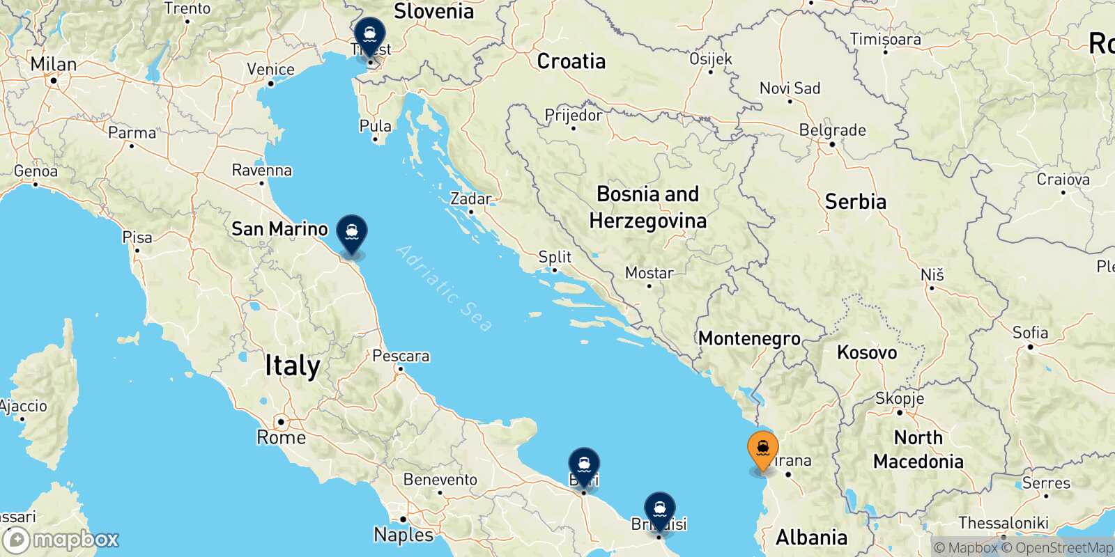 Map of the destinations reachable from Durres