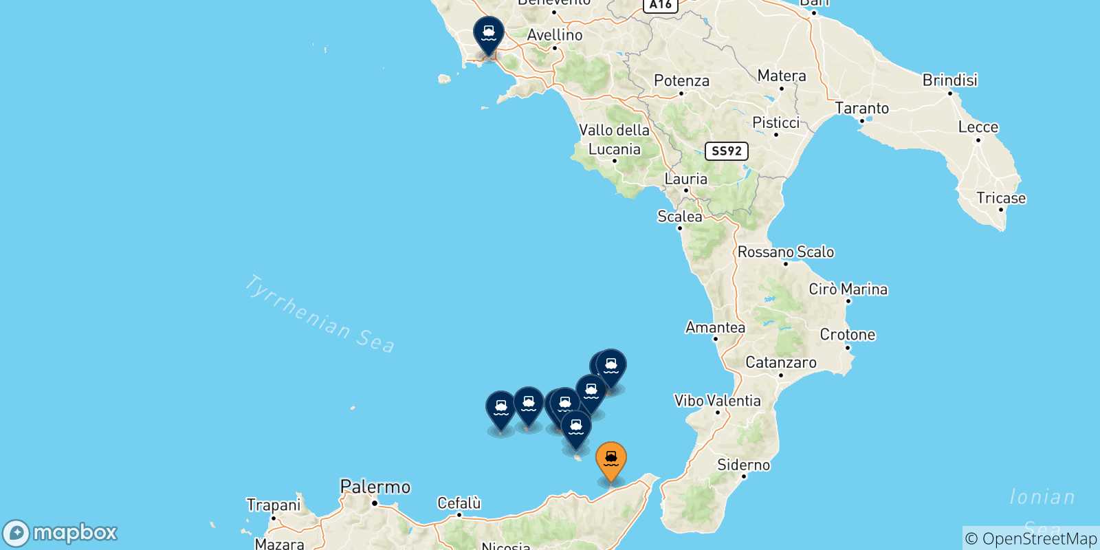 Map of the possible routes between Milazzo and Italy