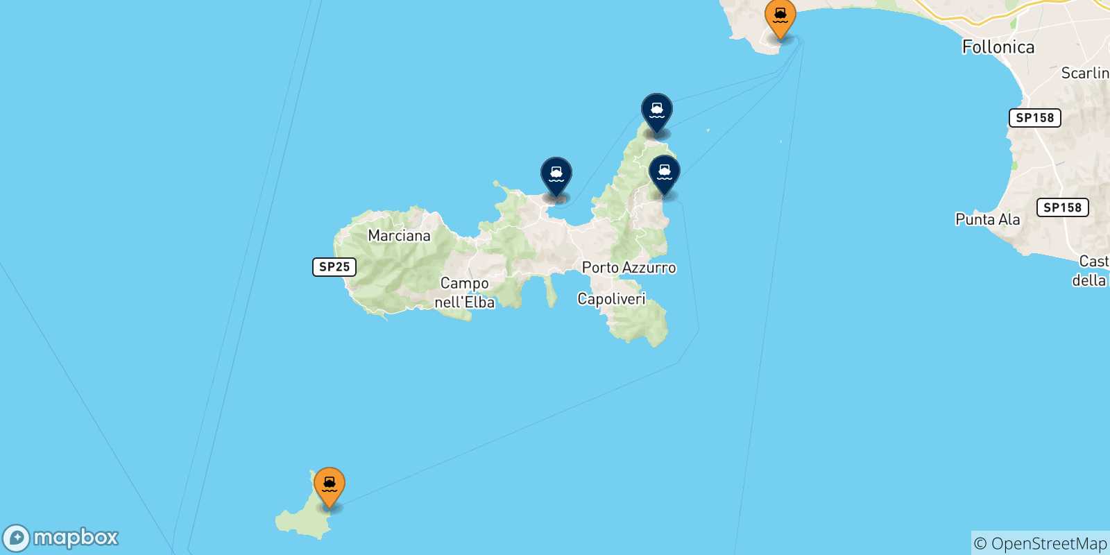 Map of the possible routes between Italy and Elba Island