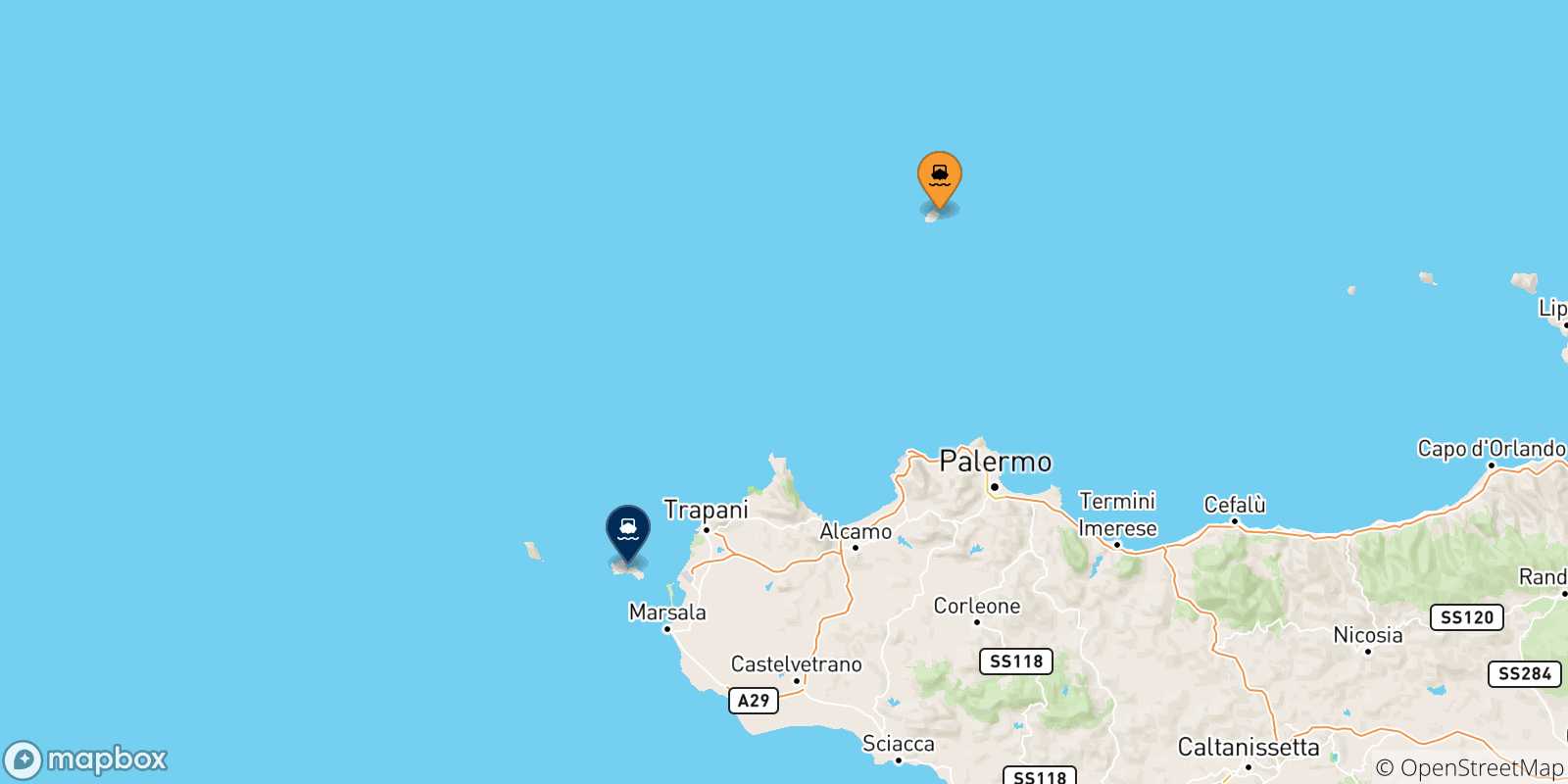 Map of the possible routes between Ustica Island and Favignana