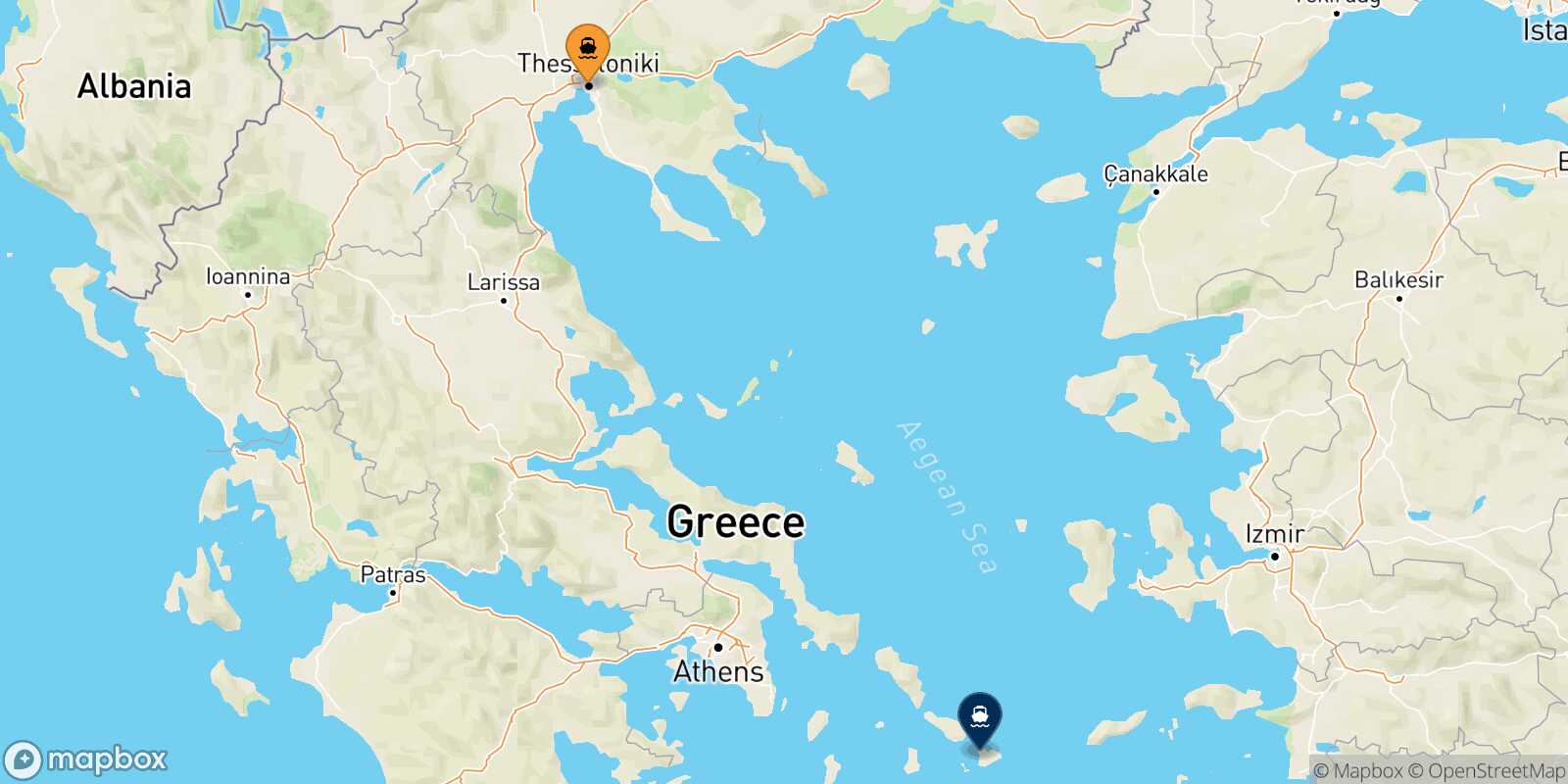 Thessaloniki Mykonos route map
