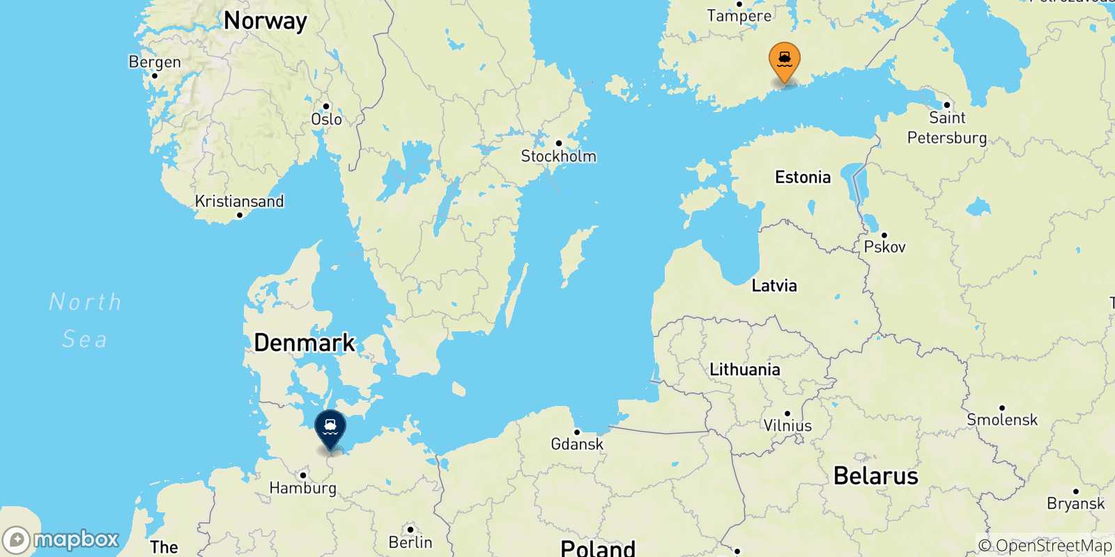 Map of the possible routes between Finland and Germany