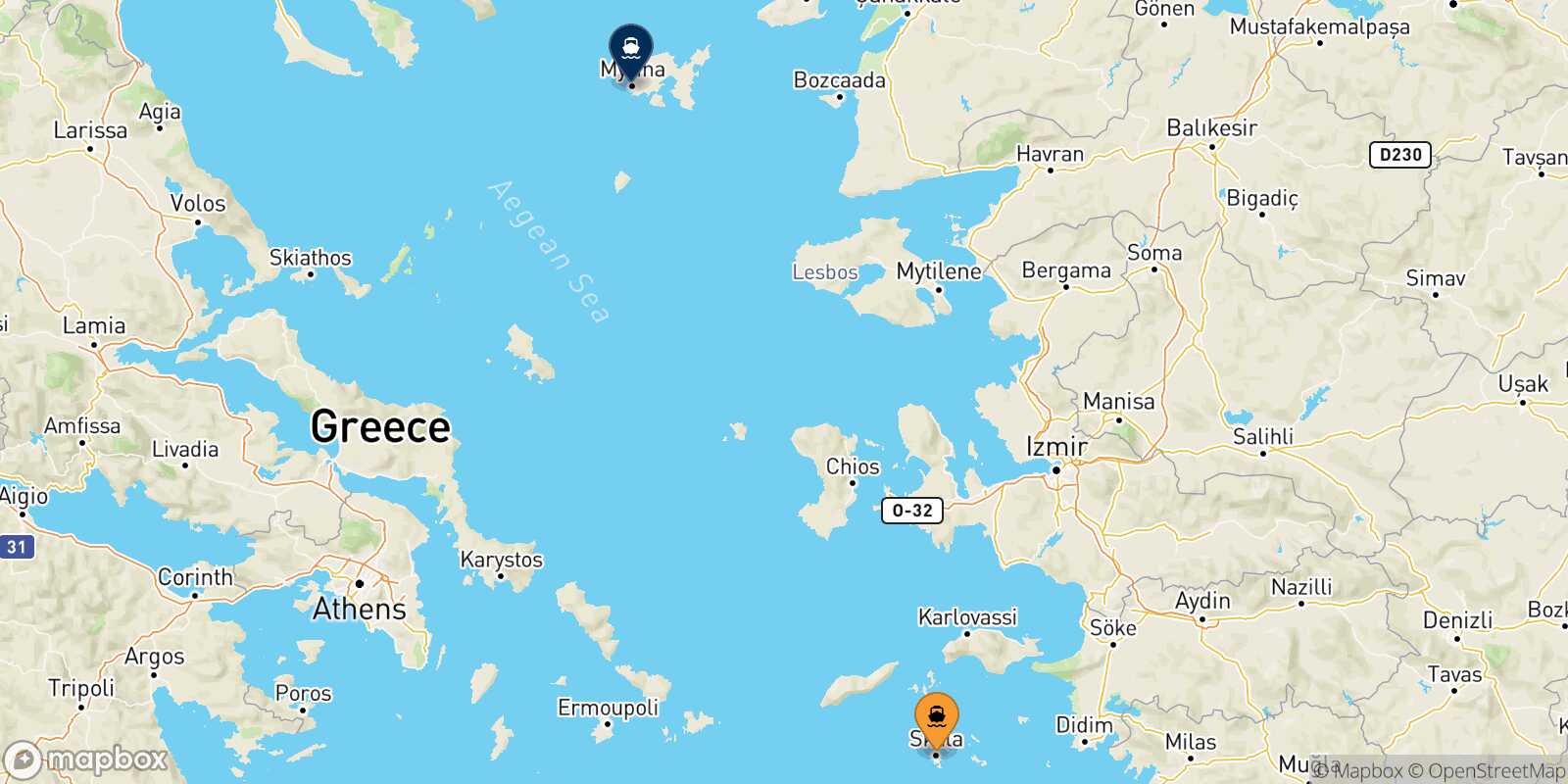 Patmos Myrina (Limnos) route map