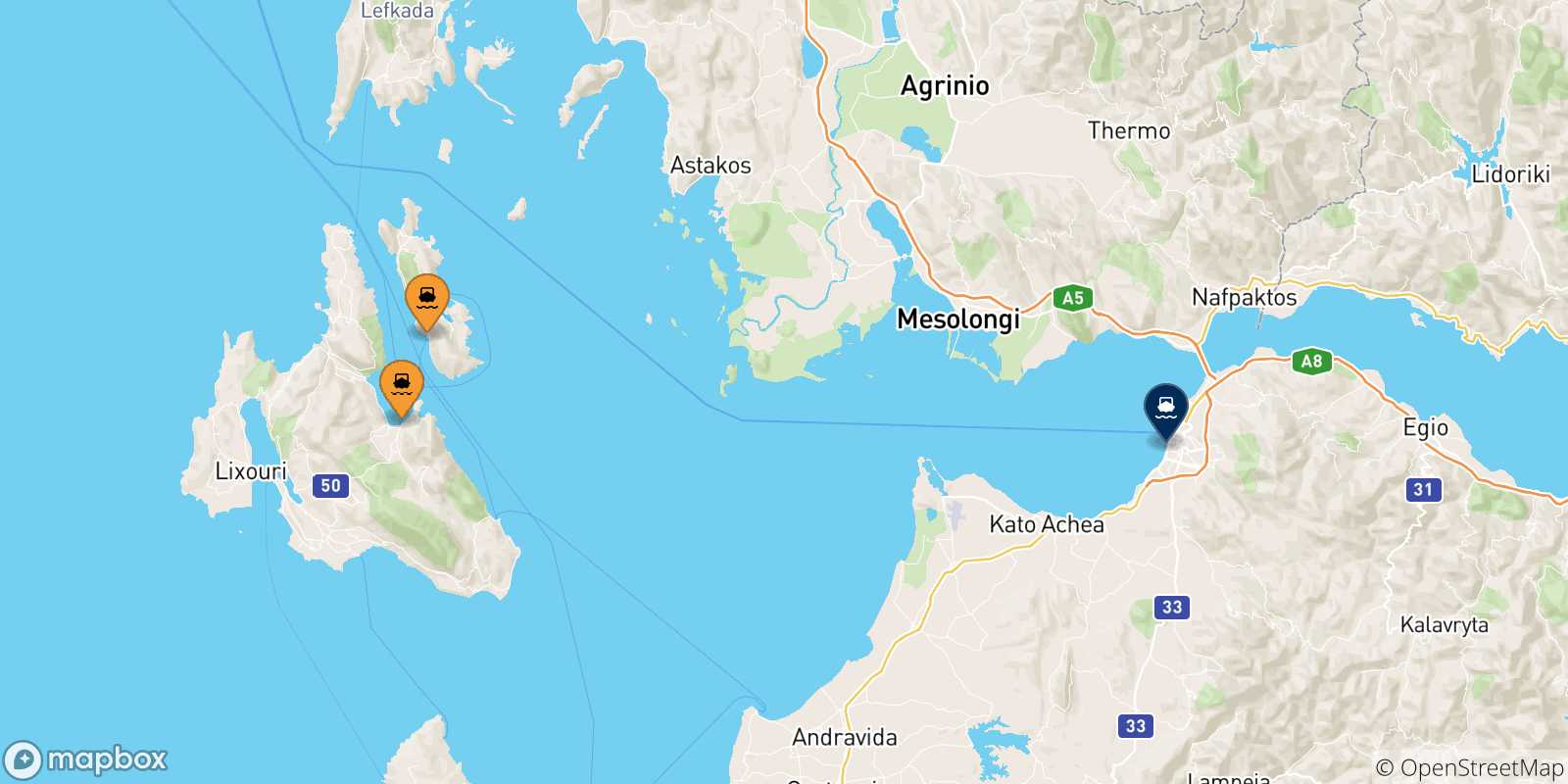 Map of the possible routes between Greece and Patras